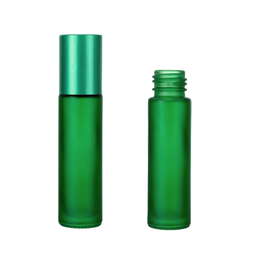 Two green glass bottles with measurements on a light background