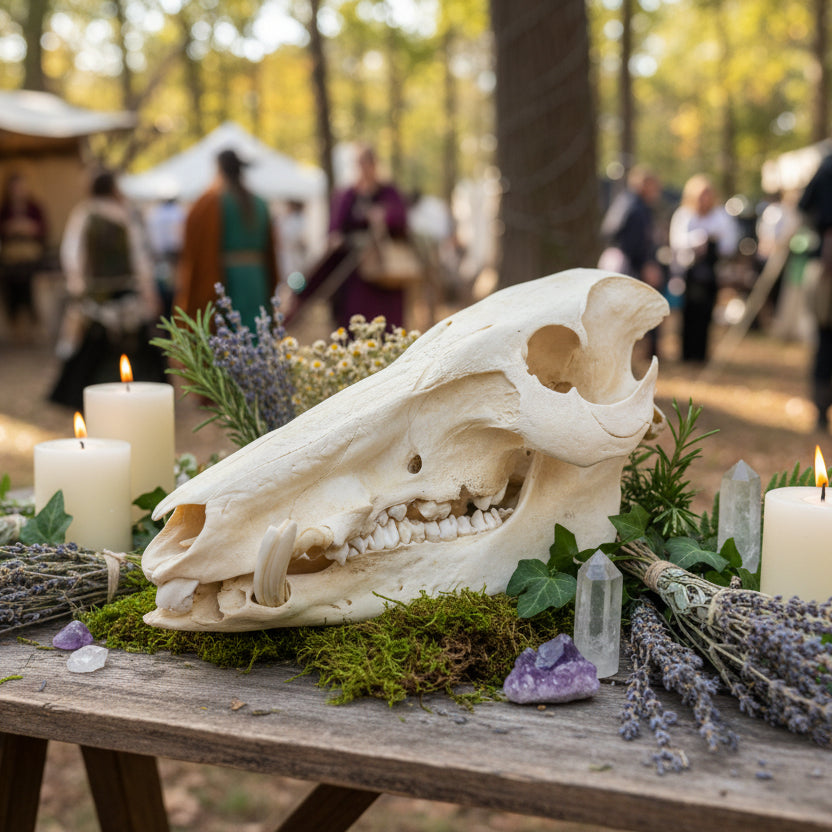 Hand holding a large animal skull with a blurred bar setting in the background