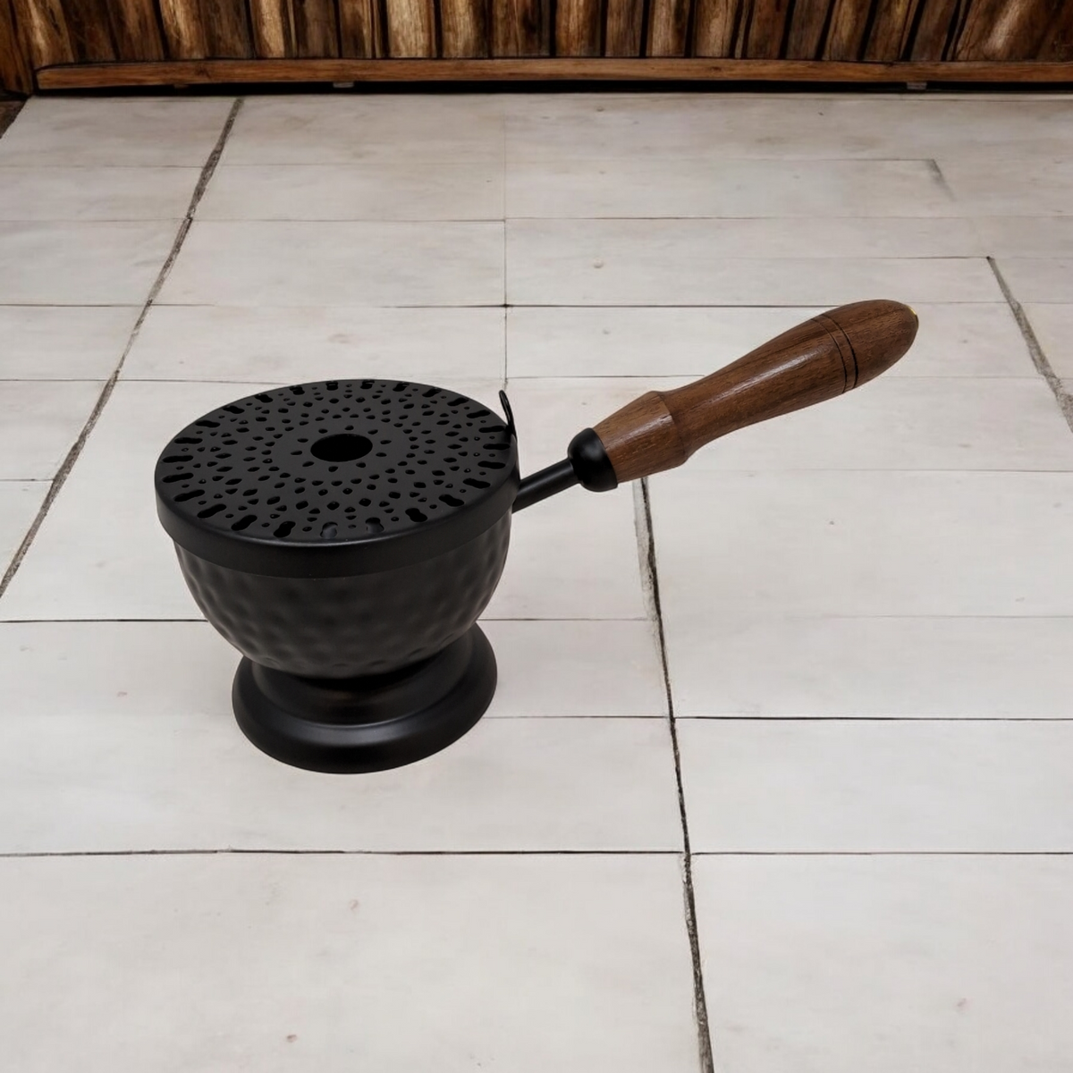 Iron Charcoal Cauldron Burner with Lid & Wooden Handle