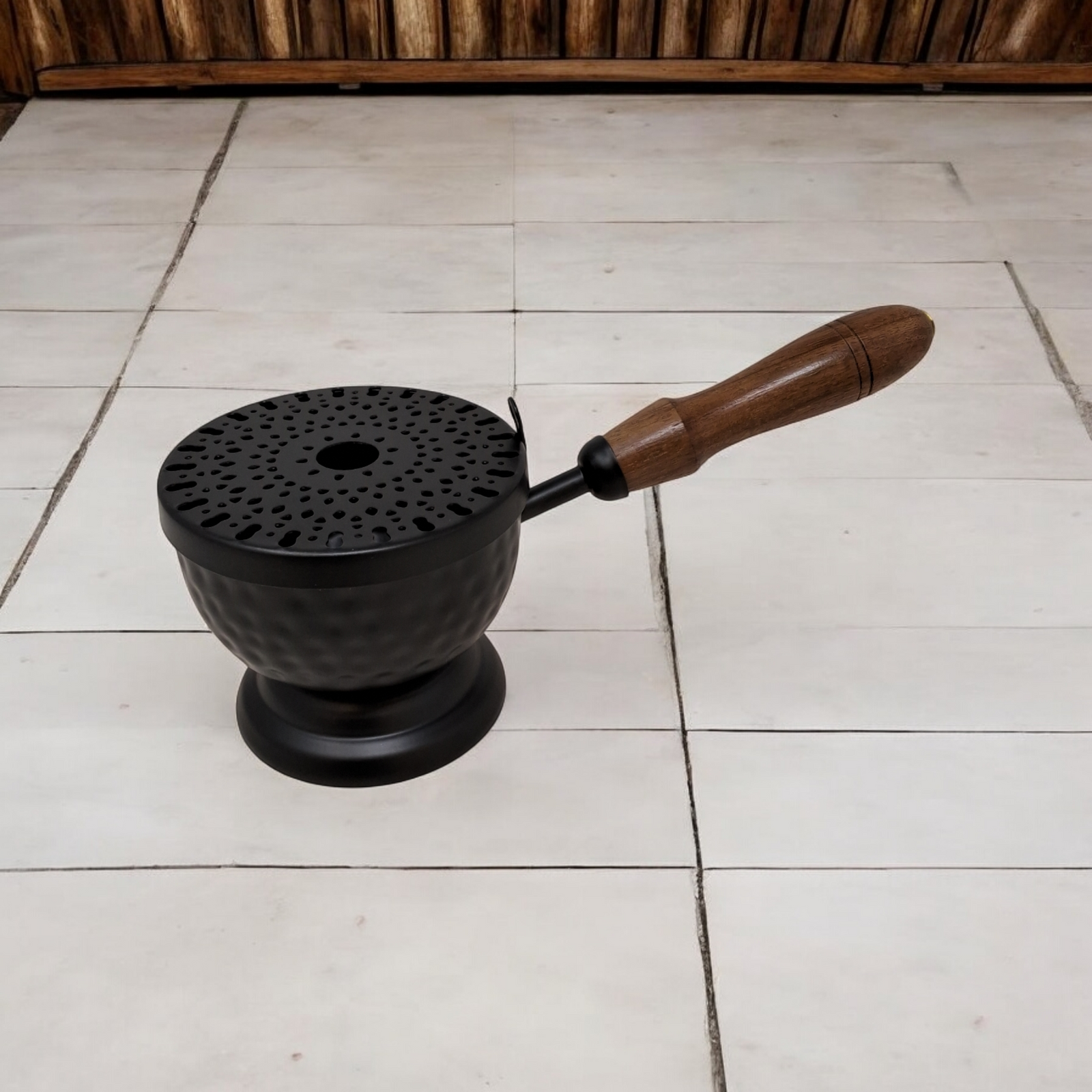 Iron Charcoal Cauldron Burner with Lid & Wooden Handle
