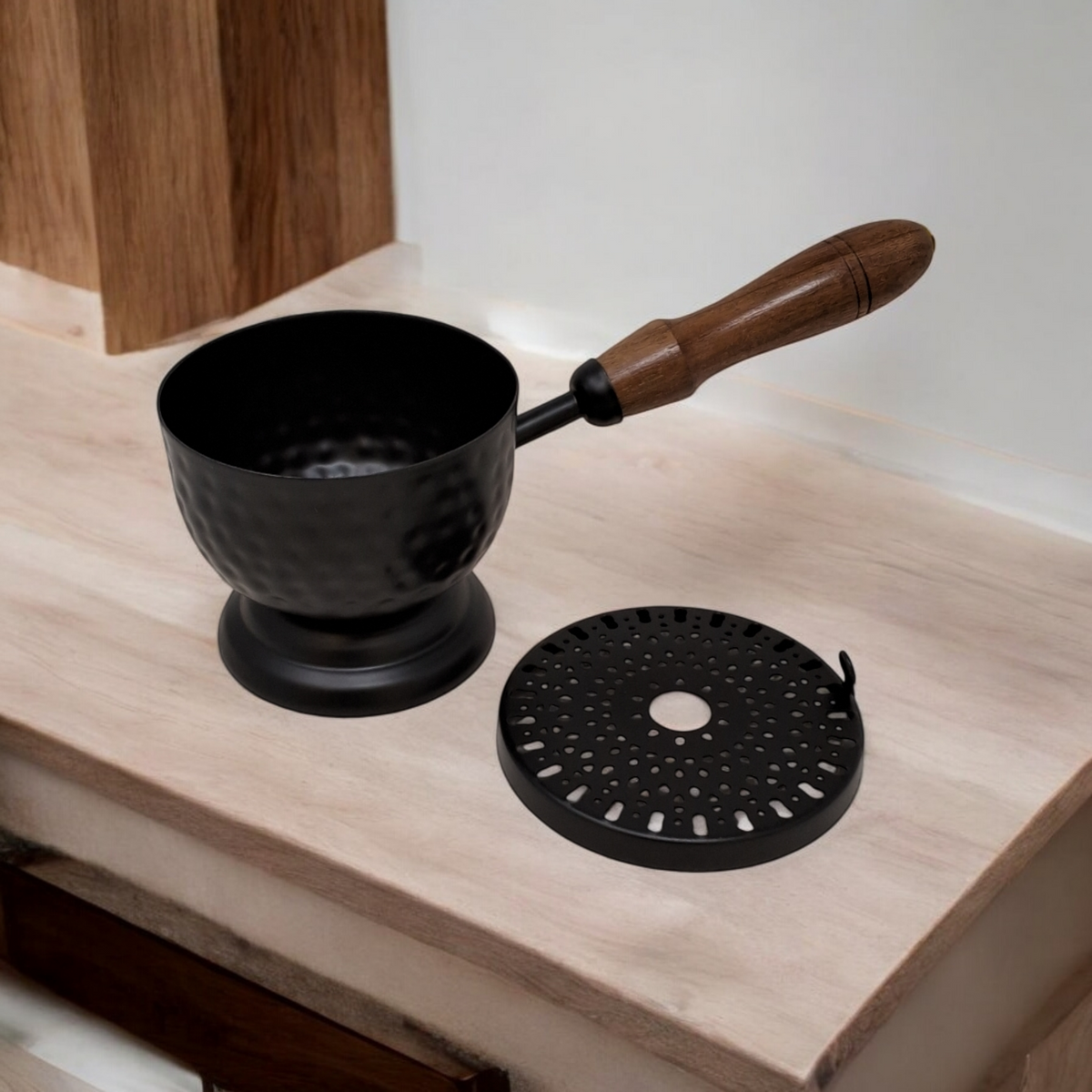 Iron Charcoal Cauldron Burner with Lid & Wooden Handle