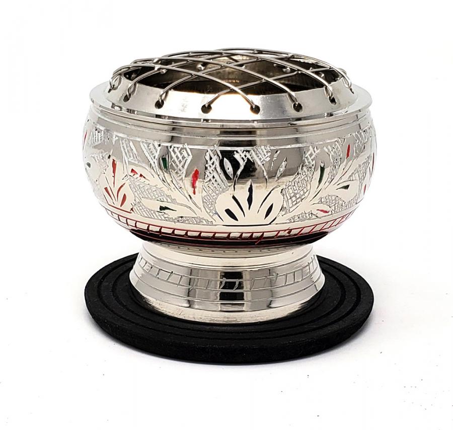 Silver finish Brass Screen Burner colorful carving w/Coaster 2.5"D