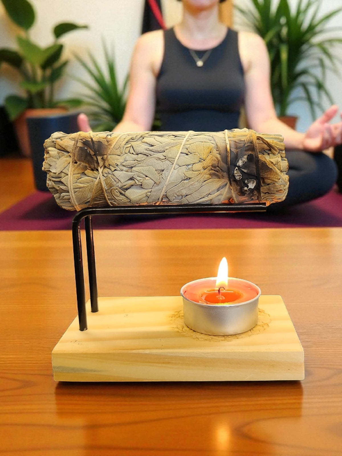 Wooden Sage Smudge Stick Burner with Spiral Sun Design