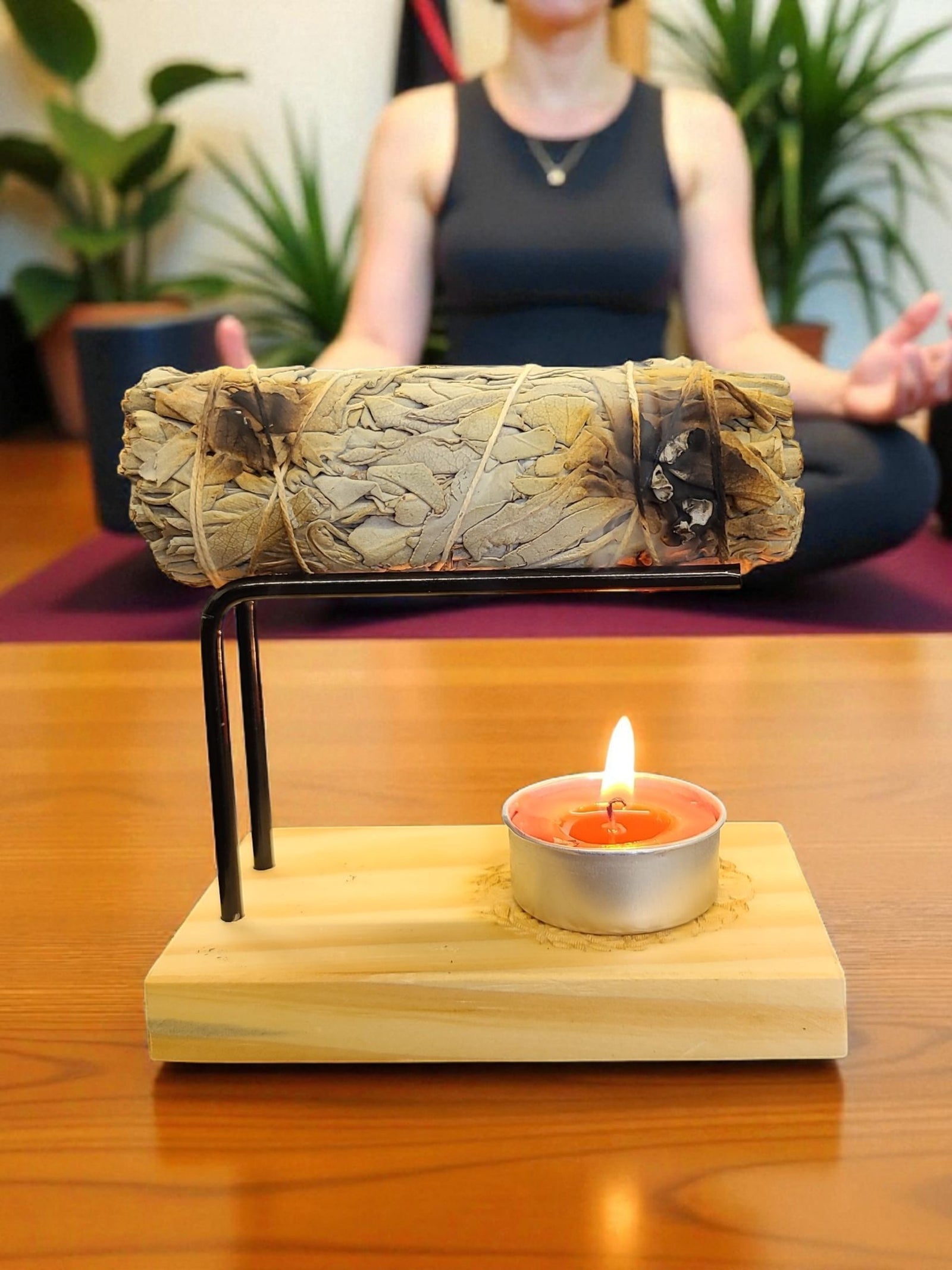Wooden Sage Smudge Stick Burner with Spiral Sun Design