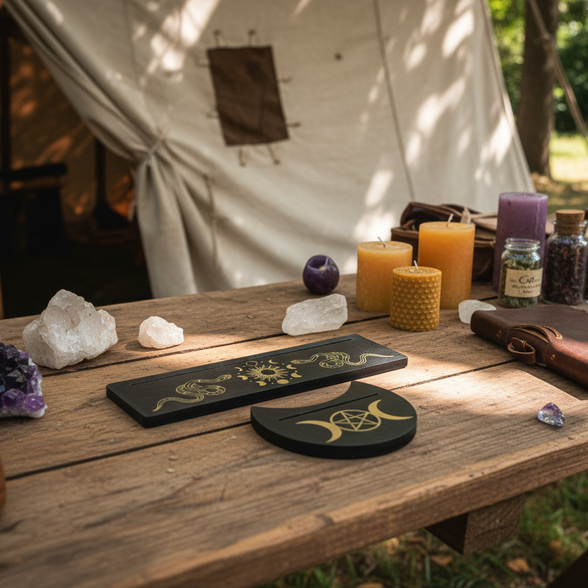 Two black incense holders with gold symbols on a white background