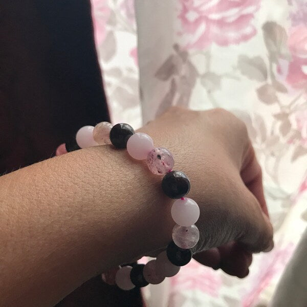Heart Chakra Crystal Bracelet - Rose Quartz, Garnet & Strawberry Quartz | Genuine Gemstone Stretch Jewelry (6mm, 8mm)