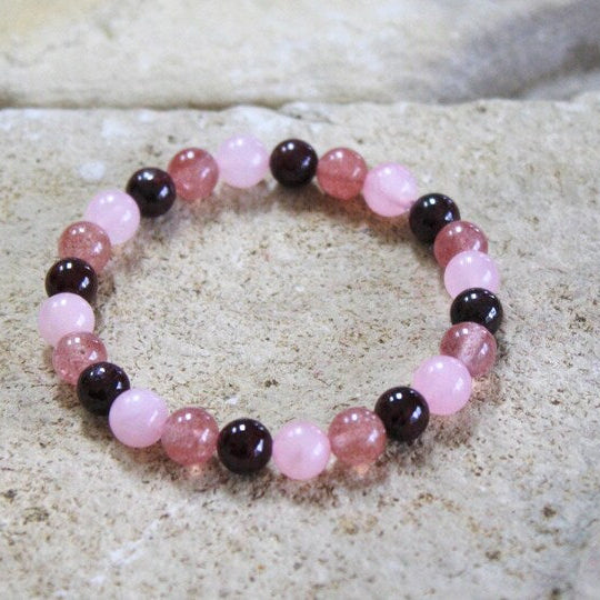 Heart Chakra Crystal Bracelet - Rose Quartz, Garnet & Strawberry Quartz | Genuine Gemstone Stretch Jewelry (6mm, 8mm)