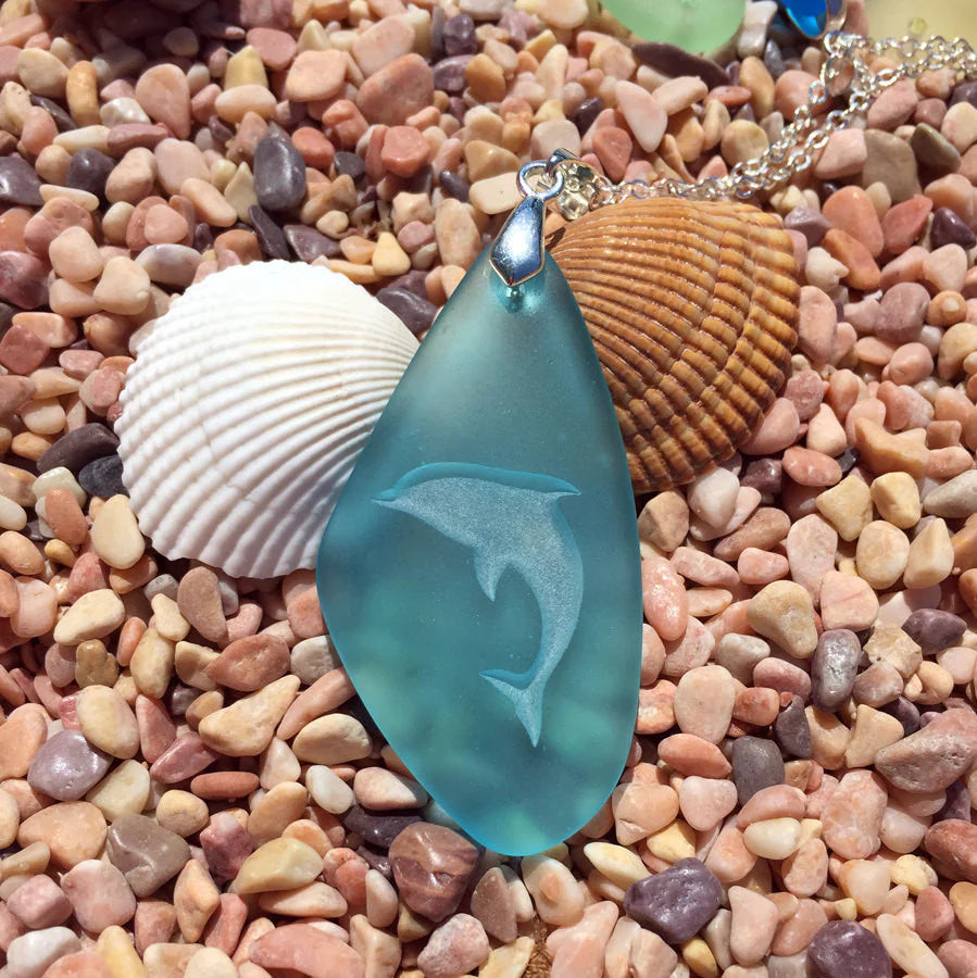 New! Dolphin engraved Sea Glass Pendant- a symbol Harmony and Balance - choose your color