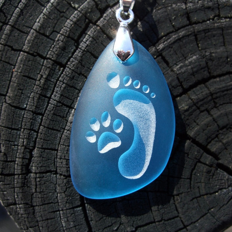 Footprint and Cat Paw Forever Friends pendant- engraved  Sea Glass Jewelry - choose your color