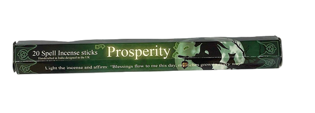 Box of Prosperity incense sticks with green design on a white background
