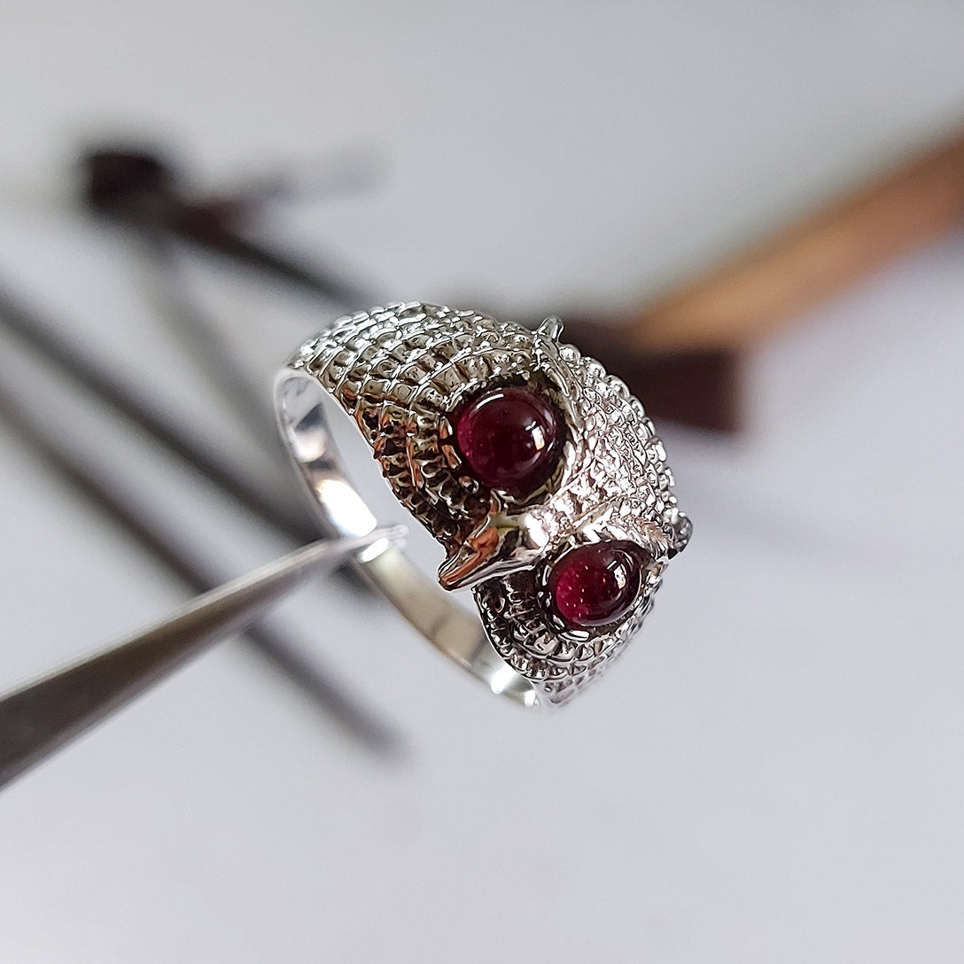 Owl Sterling and Garnet Ring