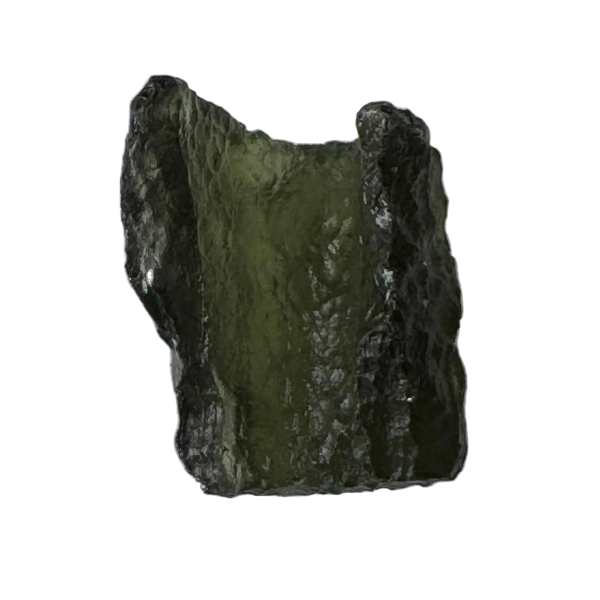 A raw, rough-cut piece of smoky green glass, likely a decorative object or raw material sample, shown against a plain light gray background.