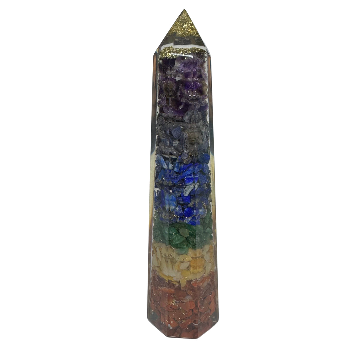 Crystal tower with colored stones on a white surface