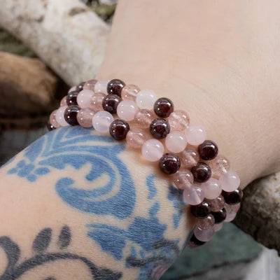 Rose Quartz, Strawberry Quartz, & Garnet Stretch Bracelet 6mm