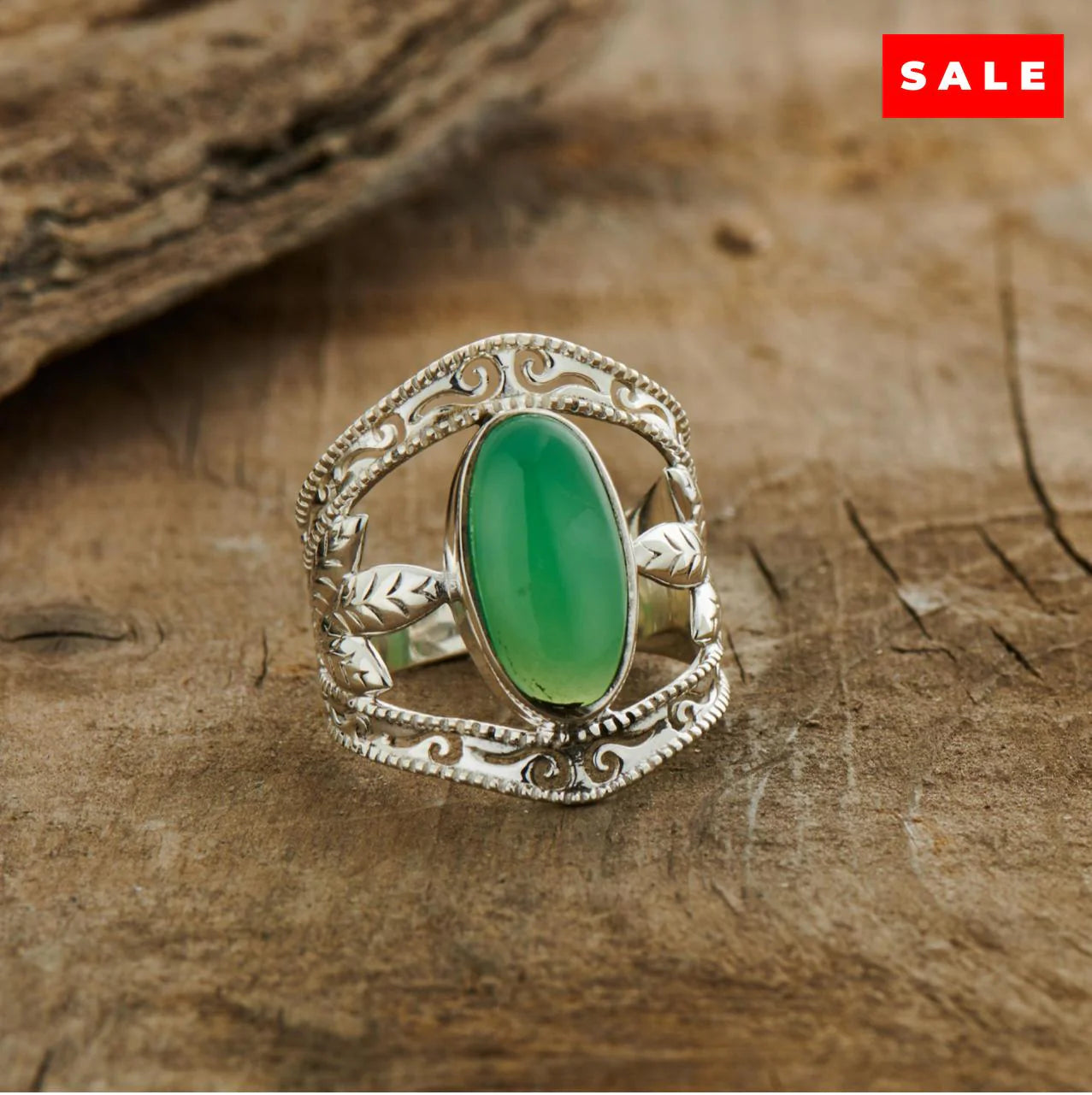 Chrysoprase Leaf Ring | Sterling Silver Healing Crystal Jewelry