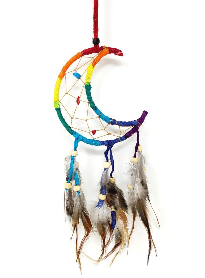 Crescent Moon Multi-Colored Dreamcatcher With Feathers &amp; Beads 3"+
