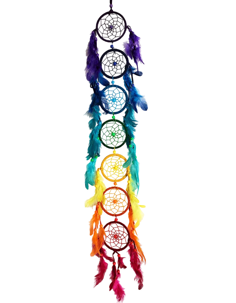 Colorful chakra dream catcher wall hanging with seven chakra circles and matching feathers, designed for spiritual décor and peaceful spaces.