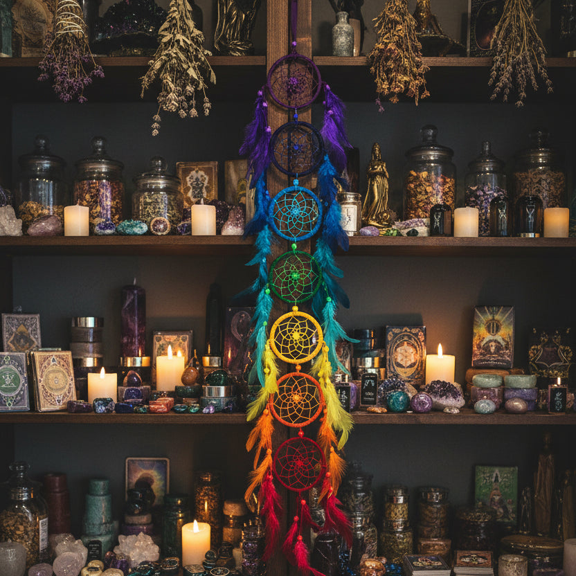 A vertical dreamcatcher wall hanging with seven nested rings in rainbow colors, decorated with feathers in purple, blue, green, yellow, orange, and pink, hanging against a plain white wall.