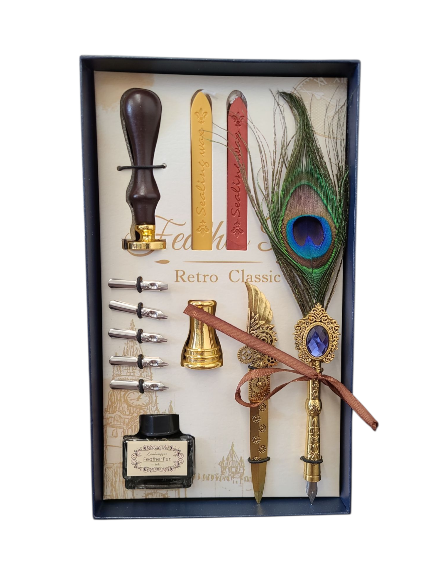 Feather quill pen dip sets with ink, metal nibs, and vintage writing accessories in three styles for calligraphy and journaling