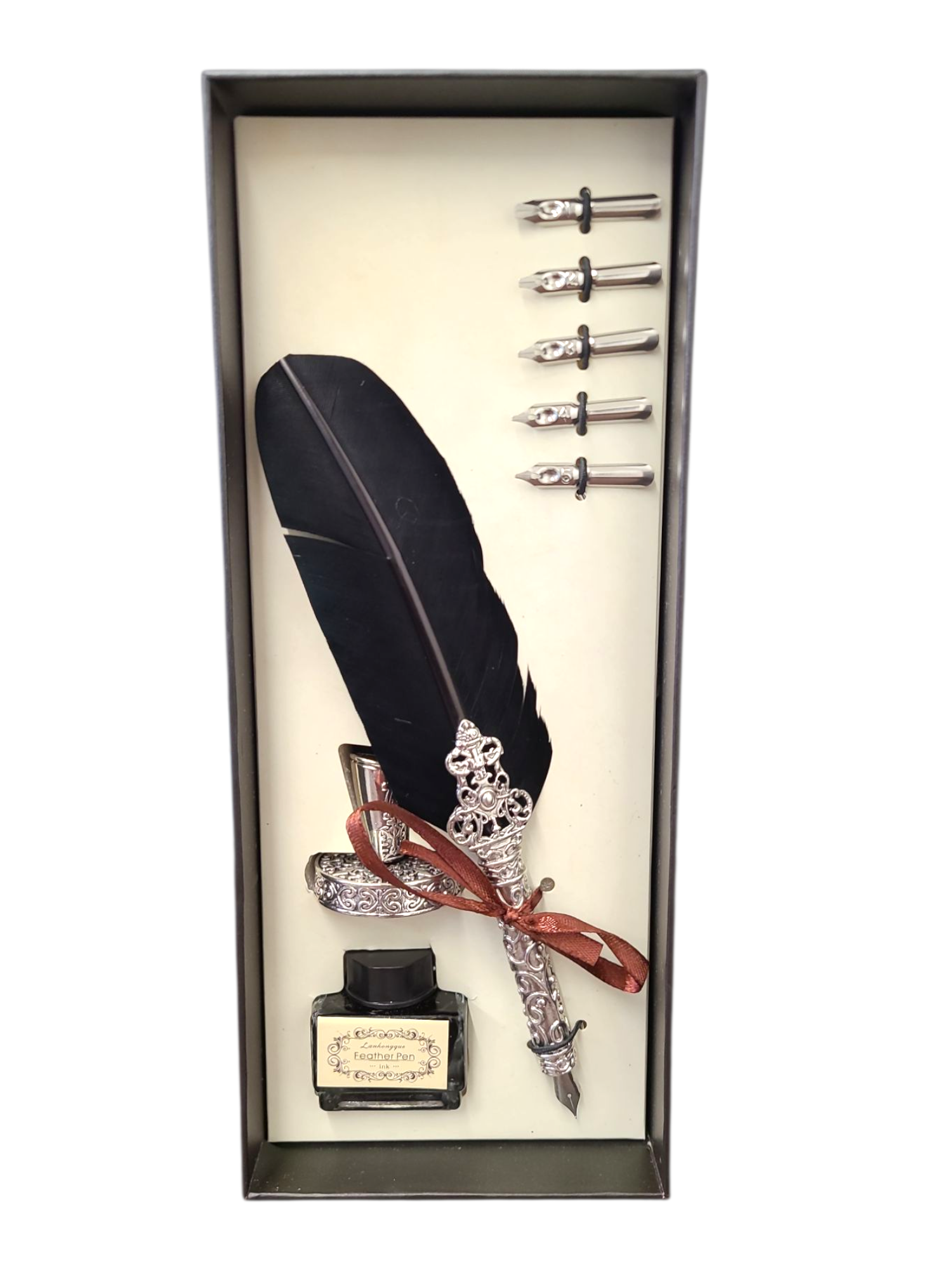 Feather quill pen dip sets with ink, metal nibs, and vintage writing accessories in three styles for calligraphy and journaling