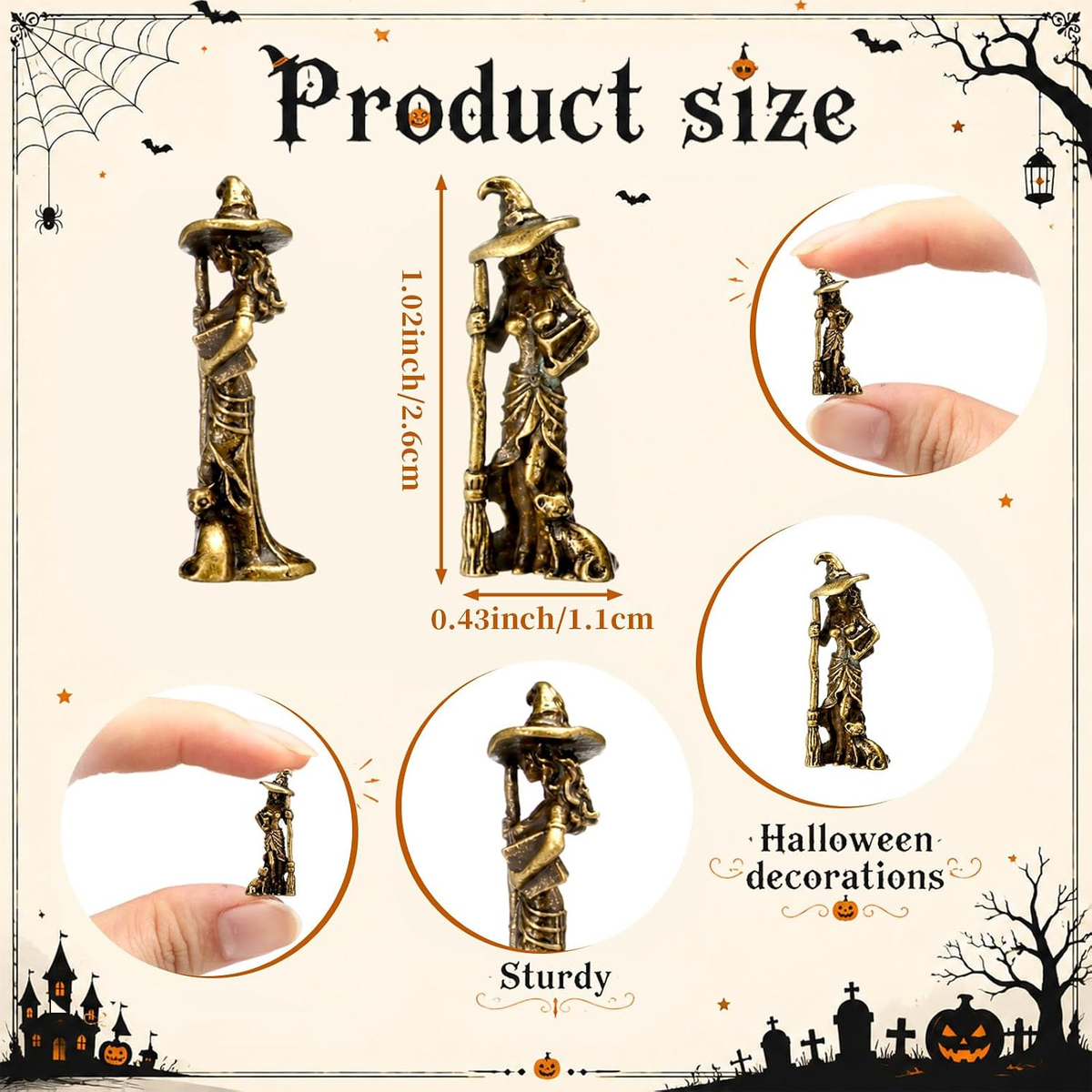Mini Witch & Cat Metal Figurine – Whimsical Halloween Décor | Antique Brass-Finish Zinc Alloy