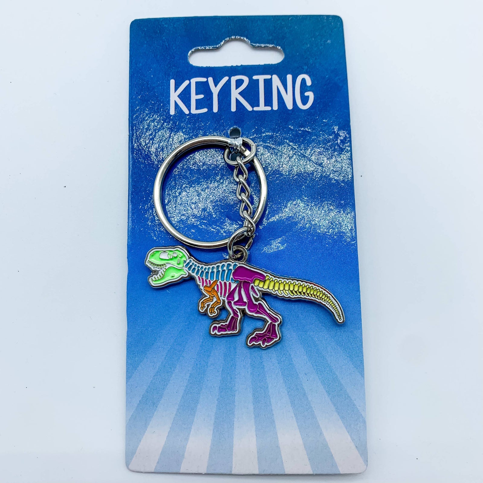 Metal Keyring Rainbow Dino Skeleton