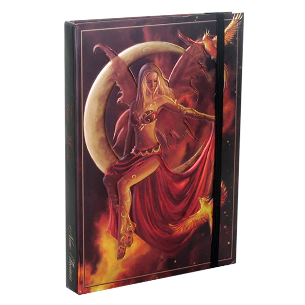 A fiery journal for fiery thoughts! This beautiful notebook displays the stunning artwork of Nene Thomas. A fiery fairy in red, with wings to match, sits upon a crescent moon. Phoenixes accompany er, and flames billow up from below. The perfect place to jot down your wildest dreams and thoughts!