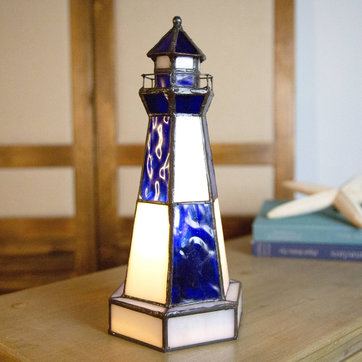 Blue &amp; White Stained Glass Lighthouse Accent Lamp 10.4&quot;H