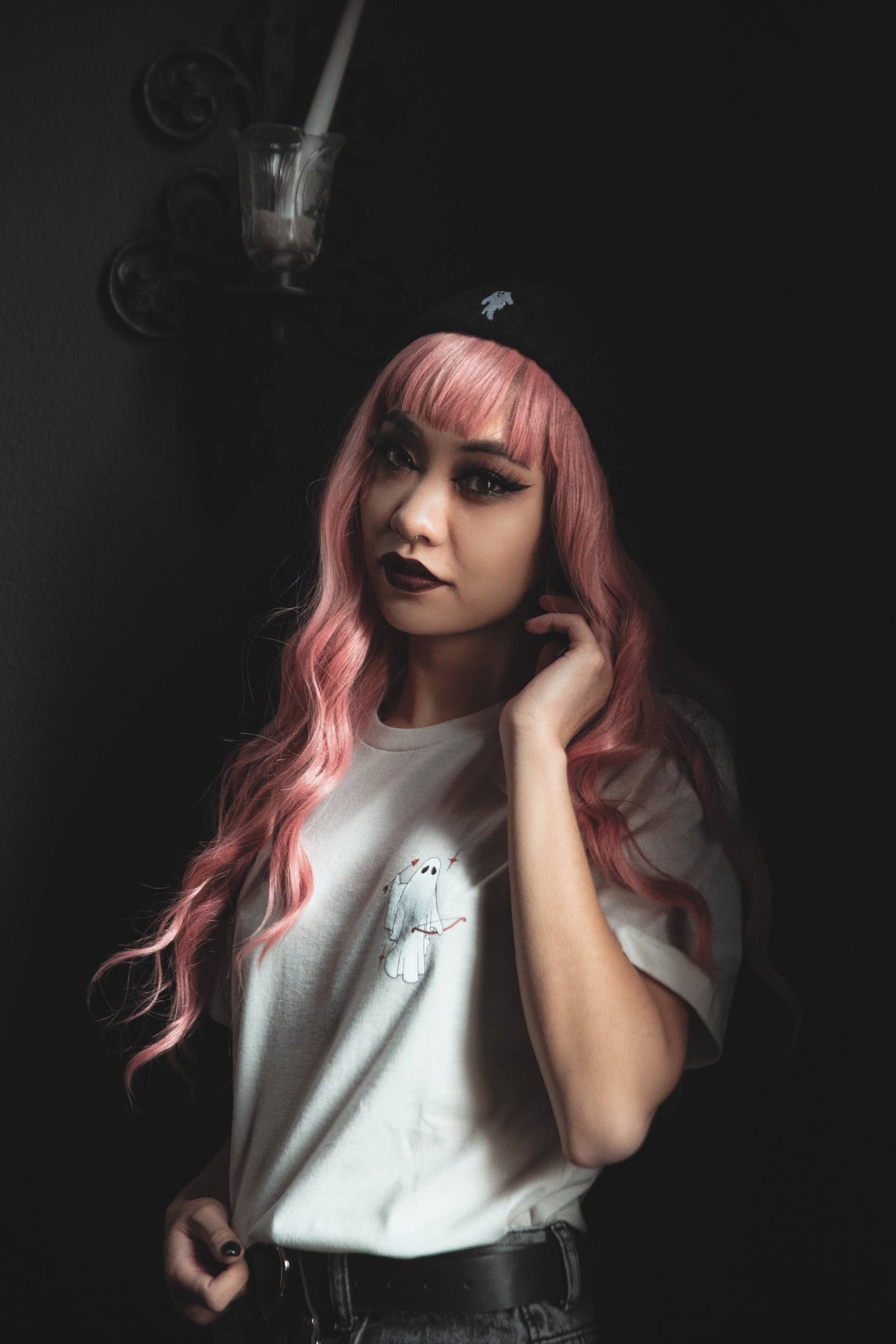 Midnight Black | Ghostie Embroidered Knit Beanie