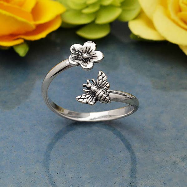 Sterling Silver Bee and Cherry Blossom Adjustable Ring