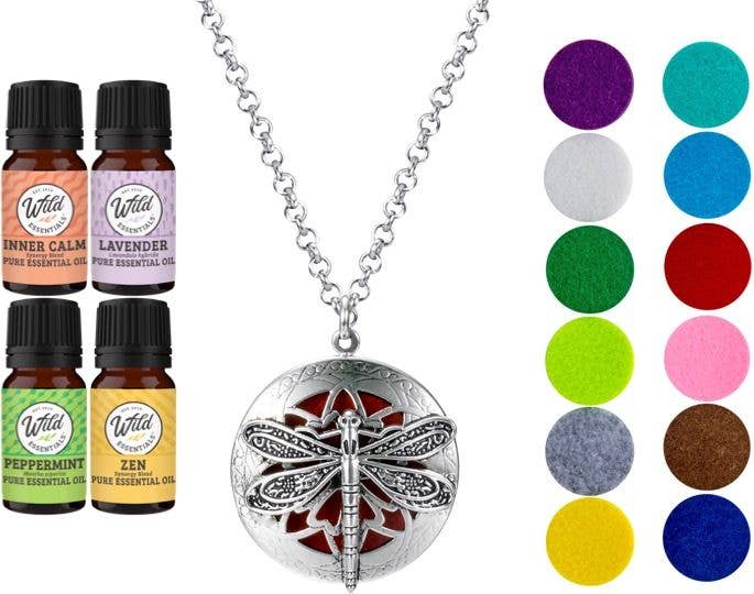 Dragonfly Chrome Aromatherapy Diffuser Necklace with 12 Color Pads and 4 Essential Oils Set