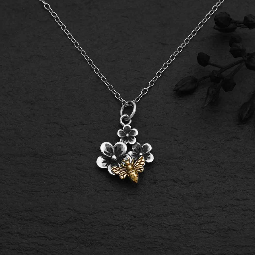 Sterling Silver Cherry Blossom Necklace with Bronze Bee