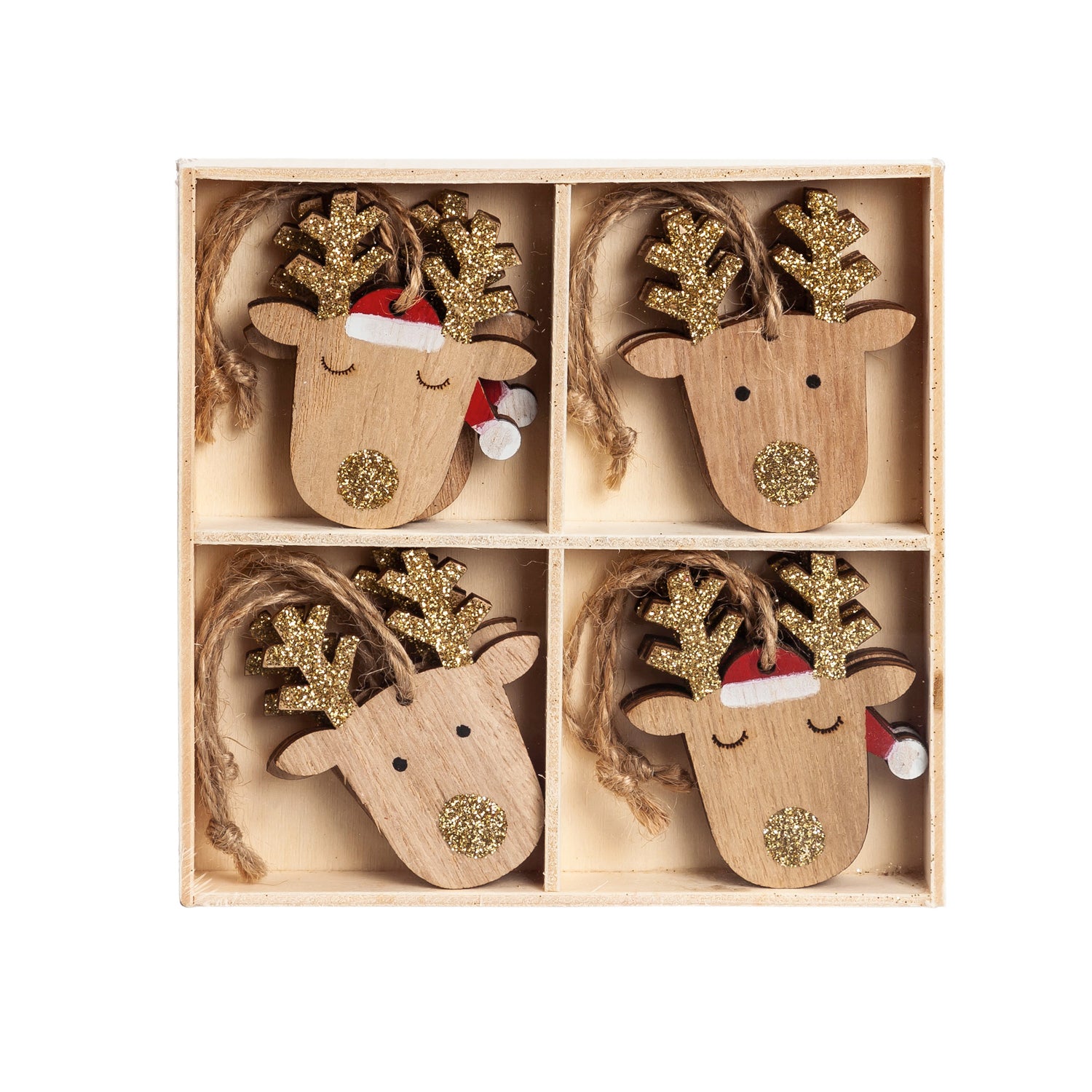 Wooden Holiday Deer Ornament in Wooden Tray 8 pcs