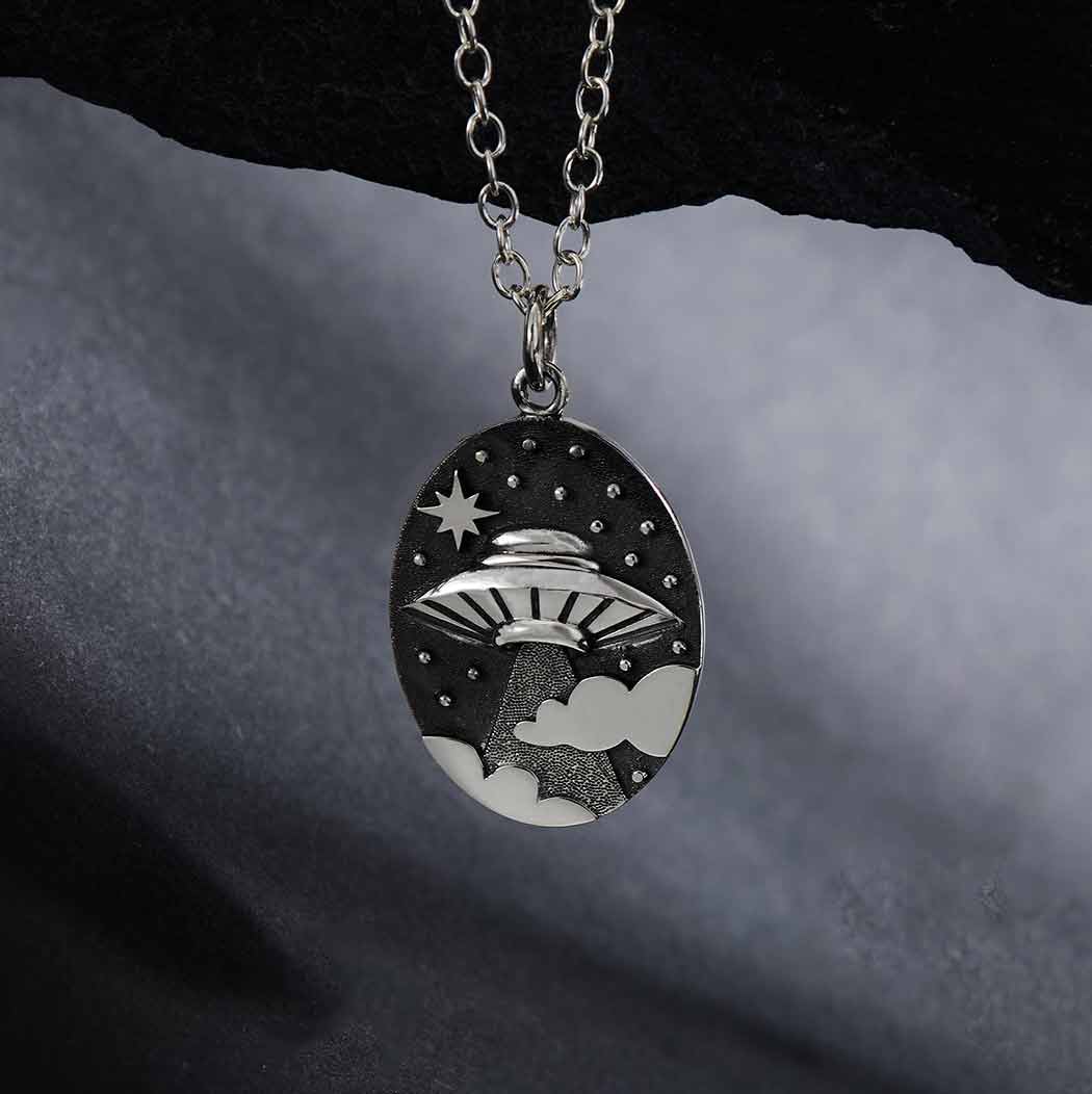 Sterling Silver 18 Inch UFO in Clouds Necklace