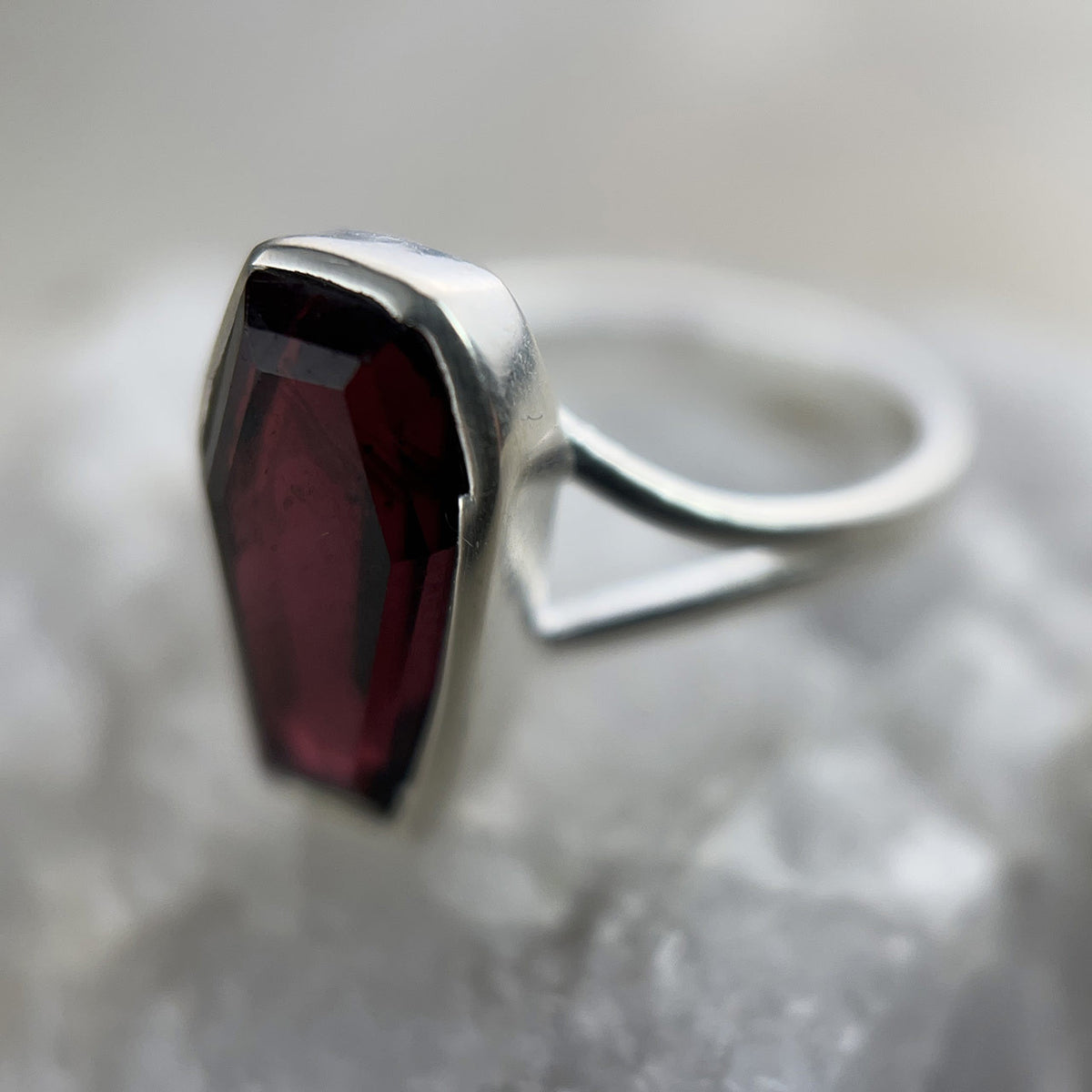 Garnet Coffin Ring Sterling Silver