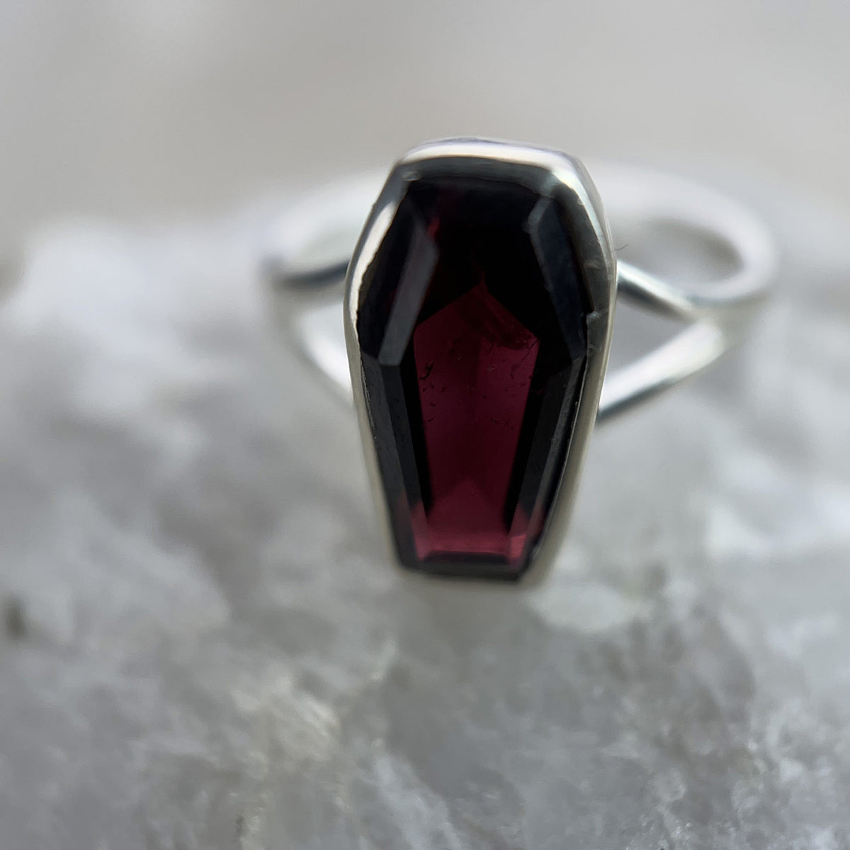 Garnet Coffin Ring Sterling Silver