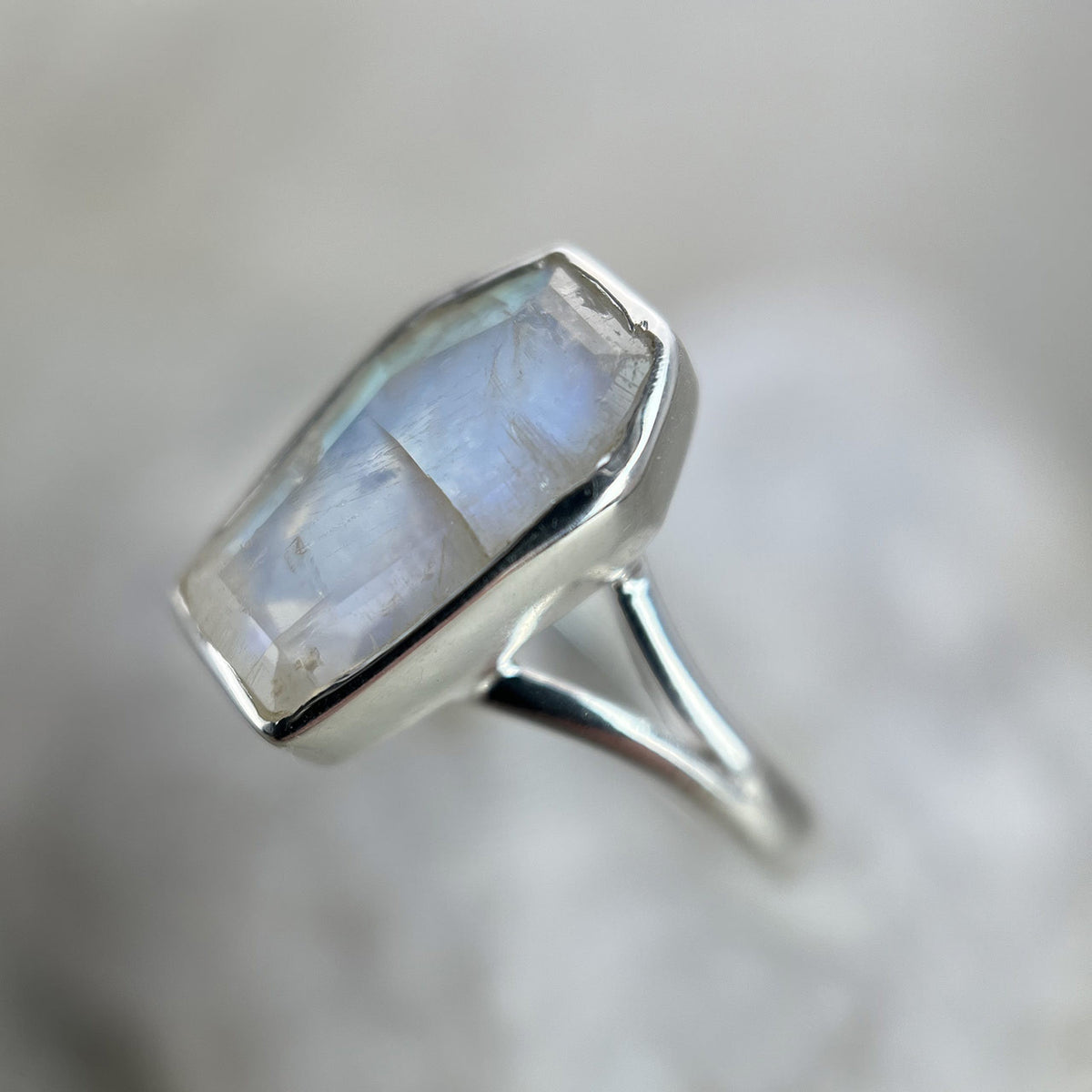 Rainbow Moonstone Coffin Ring Sterling Silver