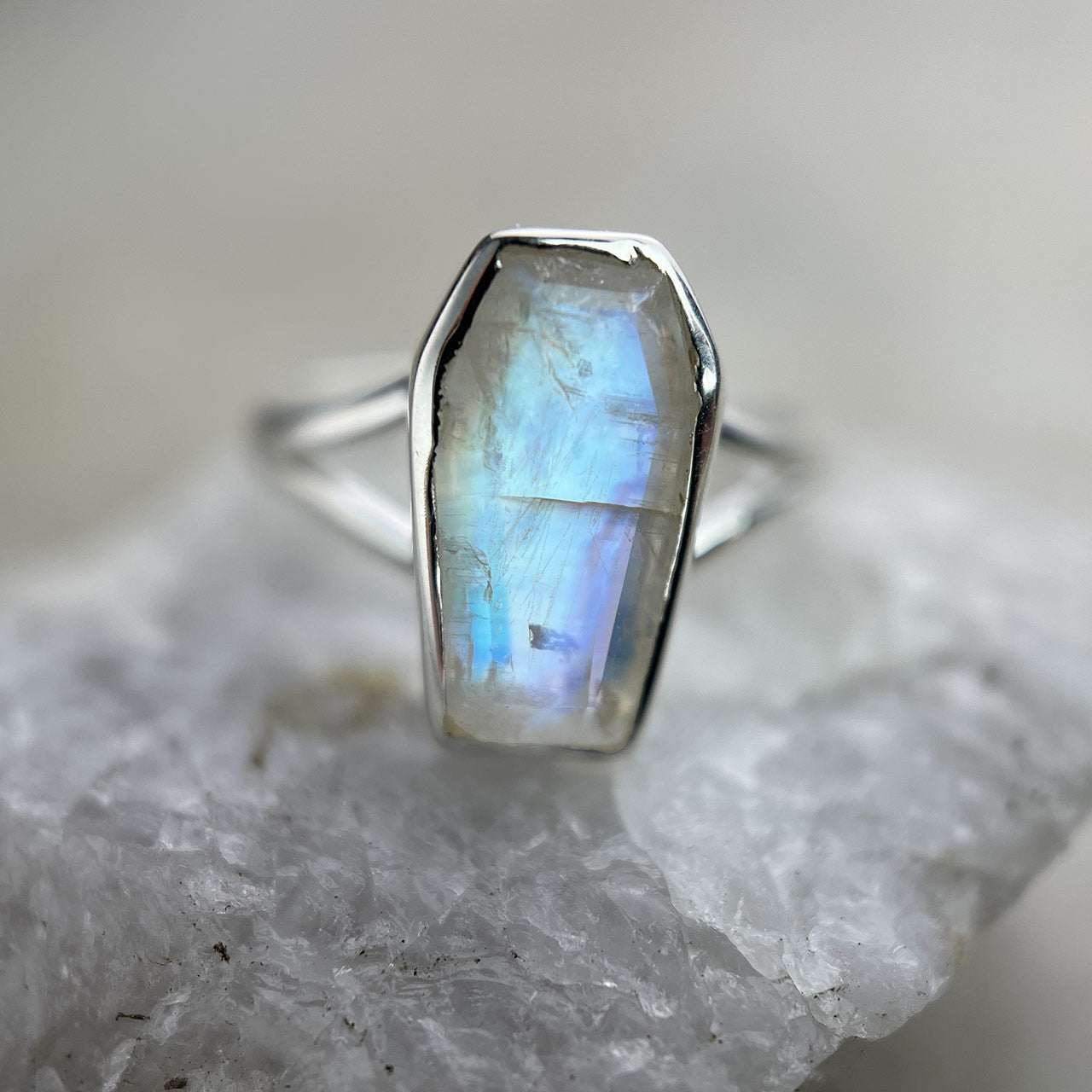 Rainbow Moonstone Coffin Ring Sterling Silver