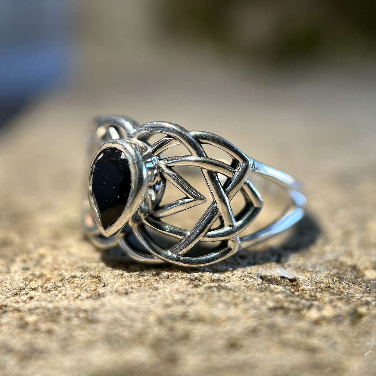 Black Onyx Celtic Ring In Sterling Silver