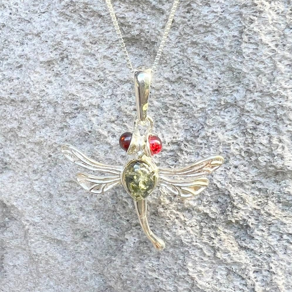 Baltic Amber Dragonfly Sterling Silver Pendant - 1.25"