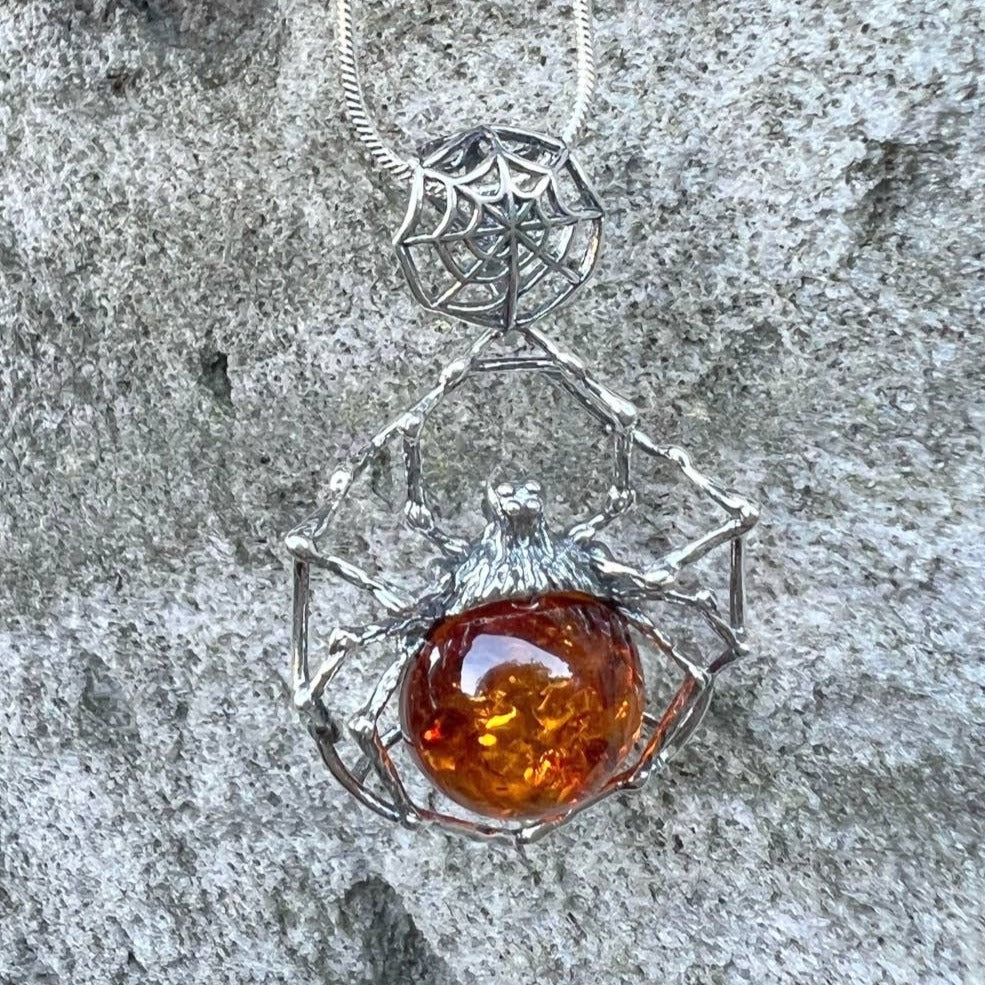 Large Baltic Amber Spider Sterling Silver Pendant - 1 3/4"