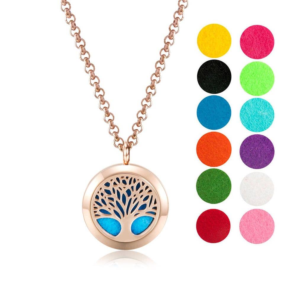 Rose Gold Tree of Life Aromatherapy Diffuser Necklace with 12 color pads
