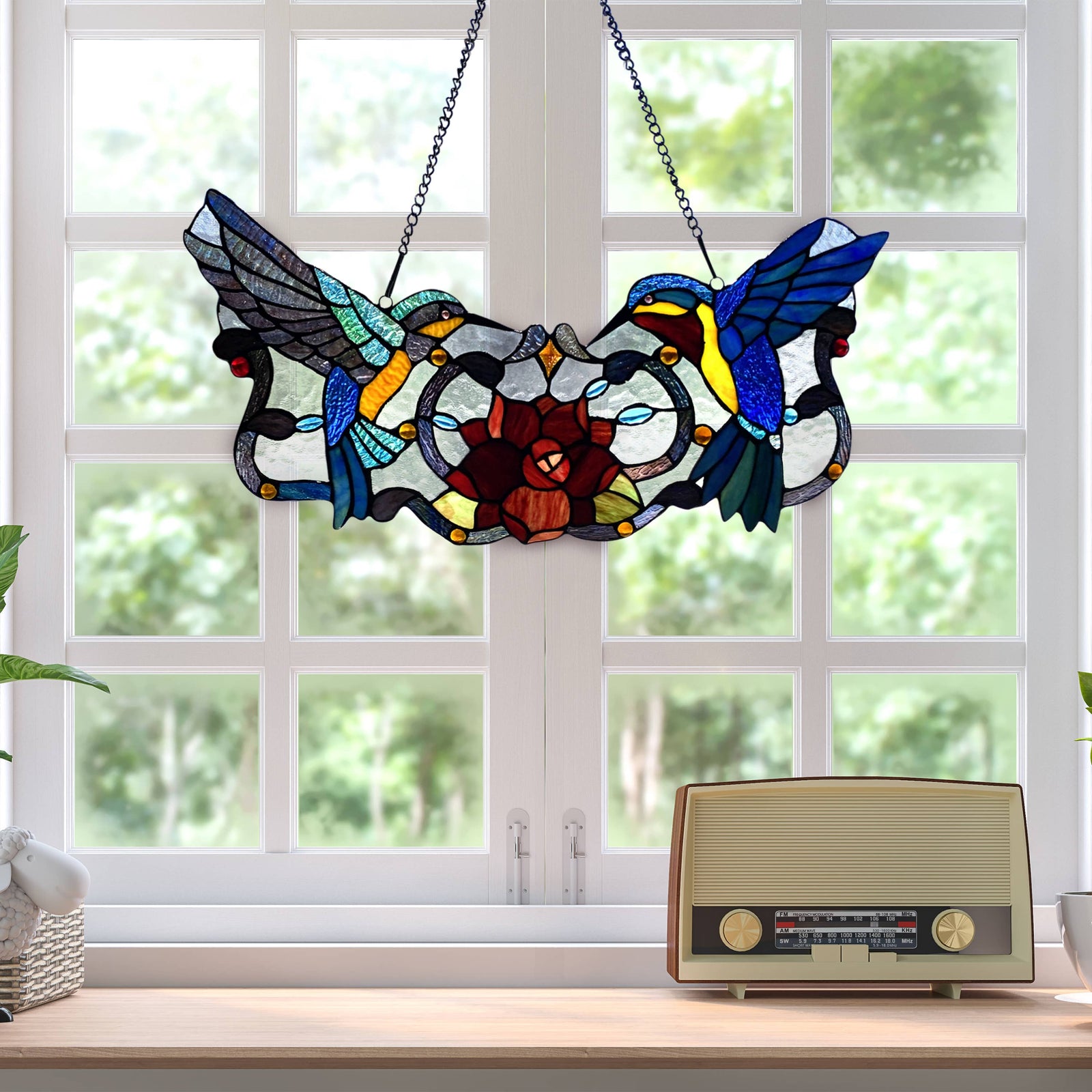 Multicolor Hummingbird Floral Window Panel