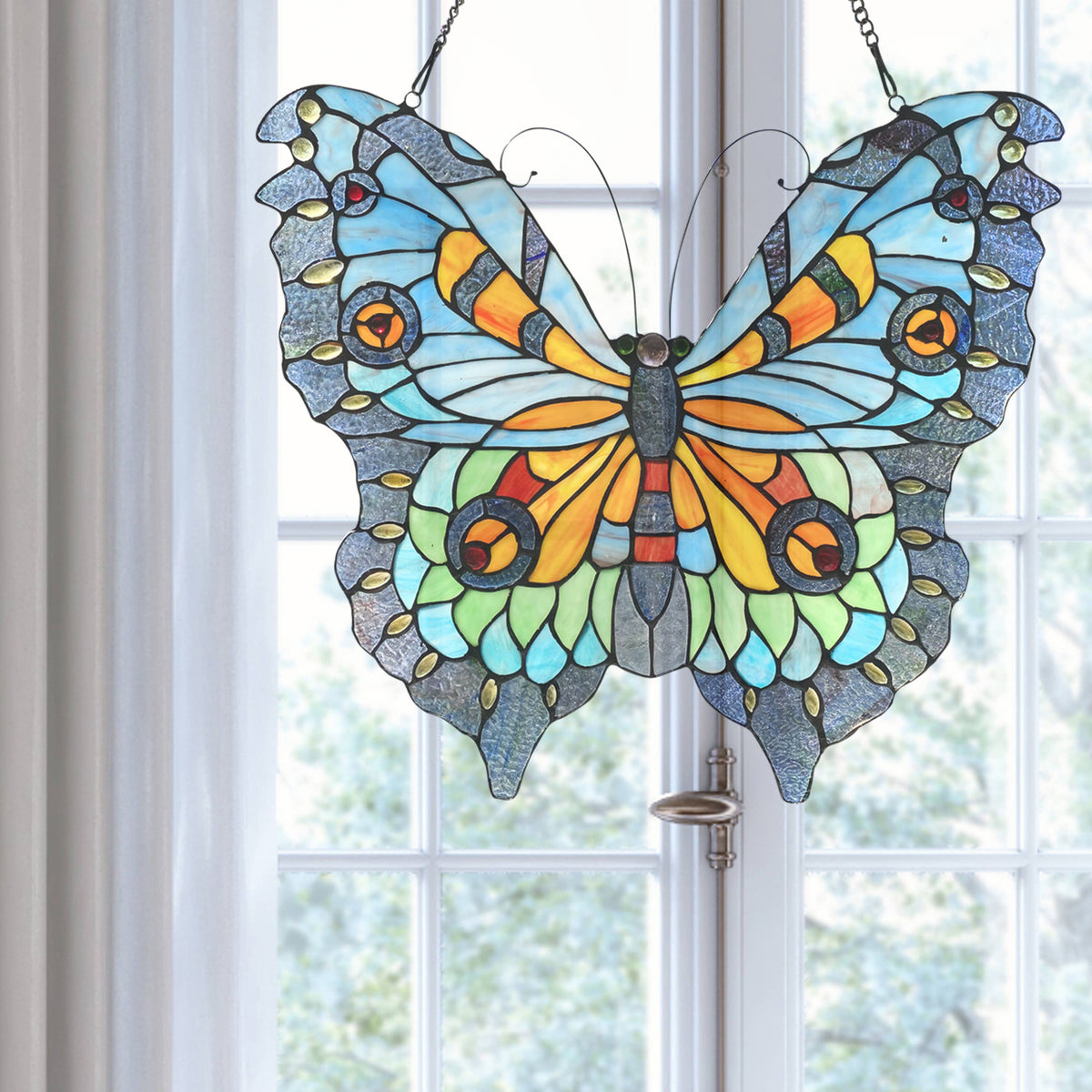 Blue, Yellow &amp; Green Butterfly Window Panel 20.5&quot;H