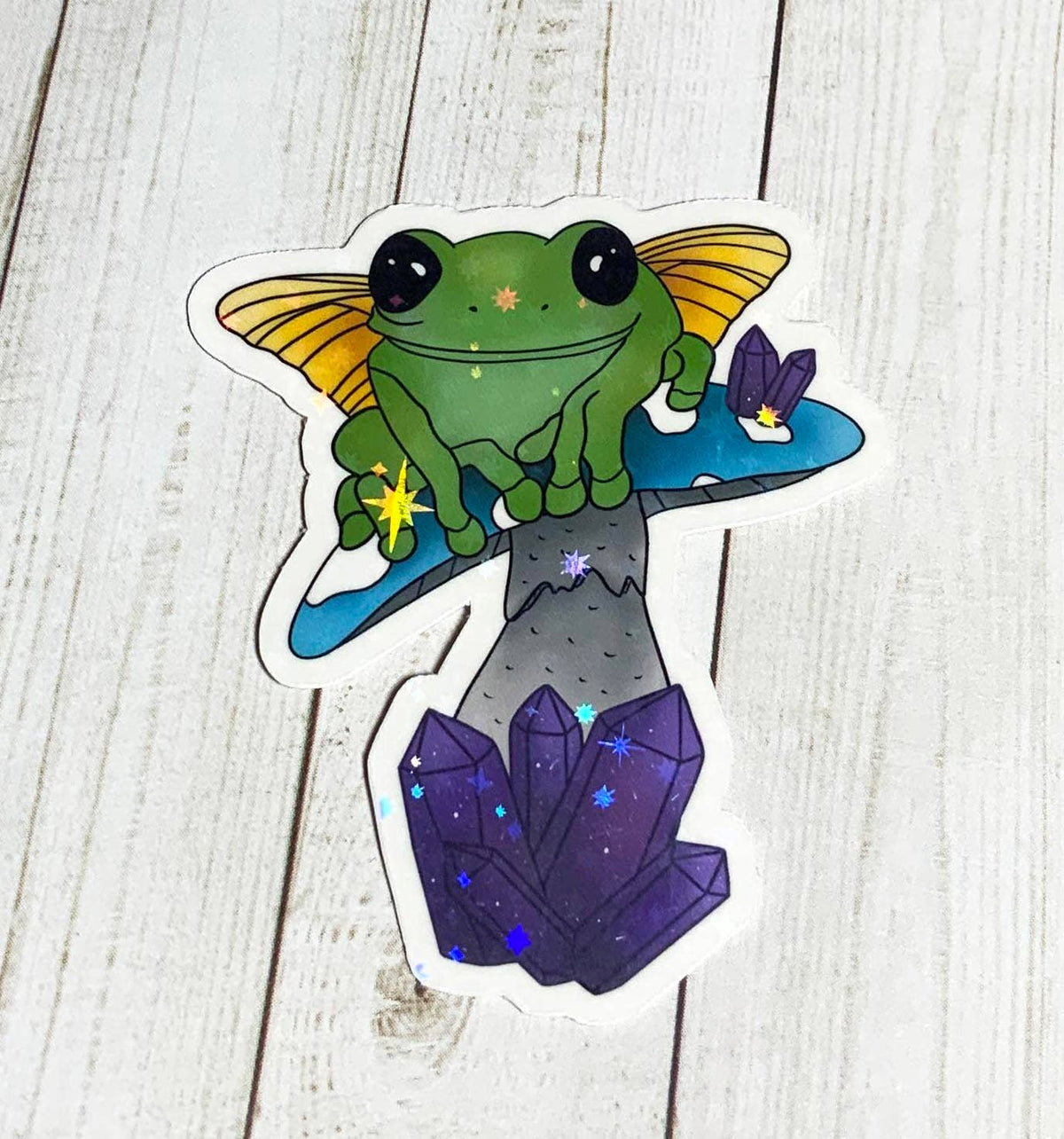 Fairy Frog on Blue Mushroom Vinyl Sticker - Waterproof