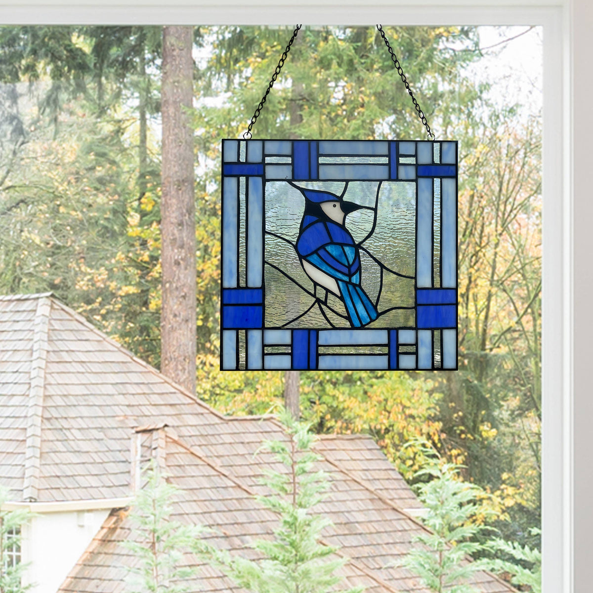 Blue Jay Stained Glass Window Panel 11&quot;H