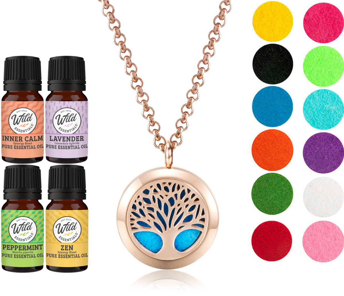 Rose Gold Tree of Life Aromatherapy Diffuser Necklace with 12 Color Pads and 4 Essential Oils Set