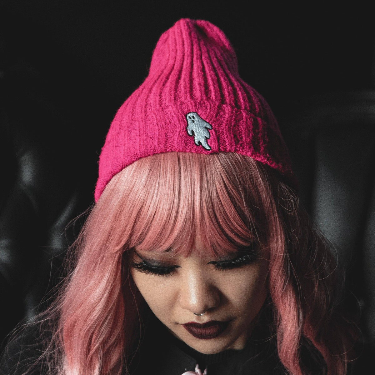 Vivid Pink | Ghostie Embroidered &amp; Reversible Knit Beanie