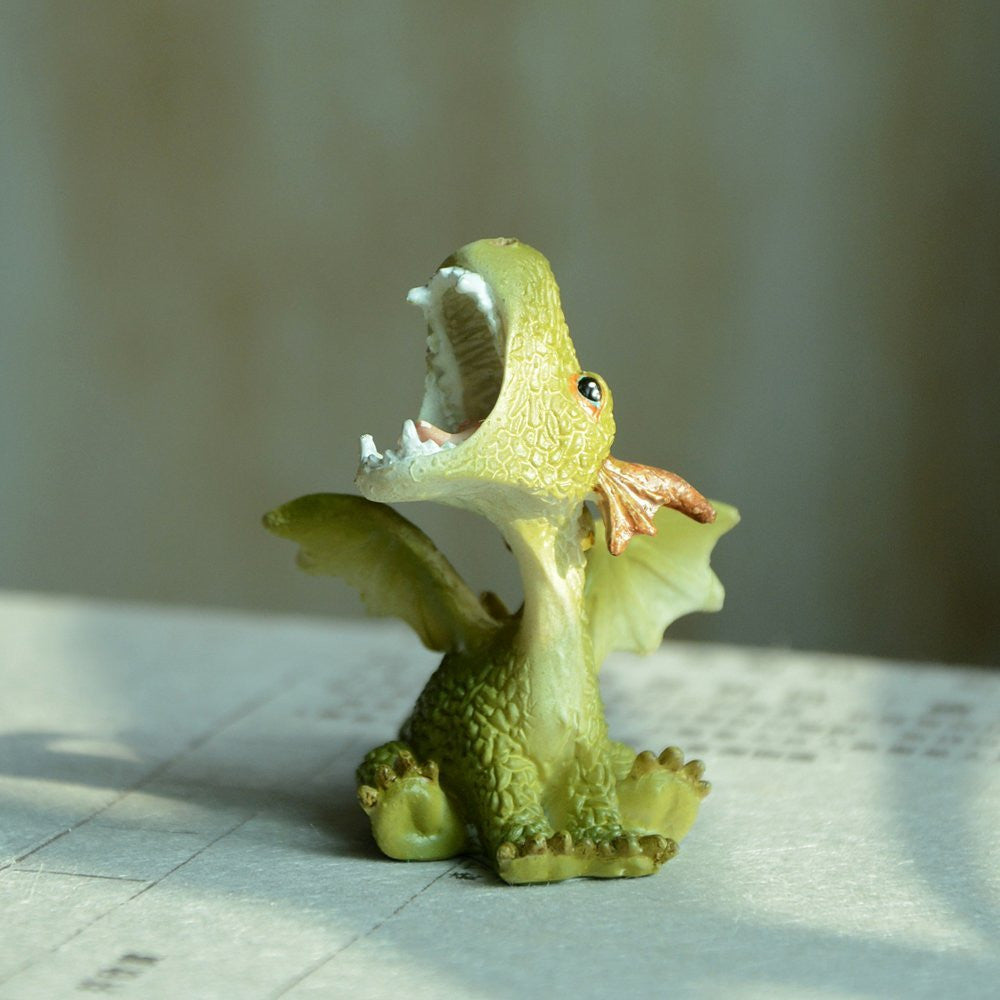 Mini Green Dragon Roaring Figurine - Cast a Stone