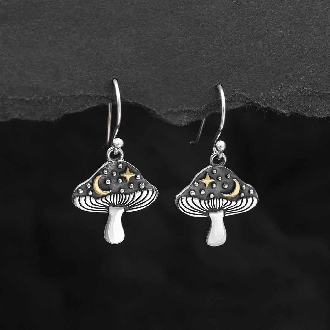 Silver Mushroom Earrings with Bronze Star and Moon 30x16mm